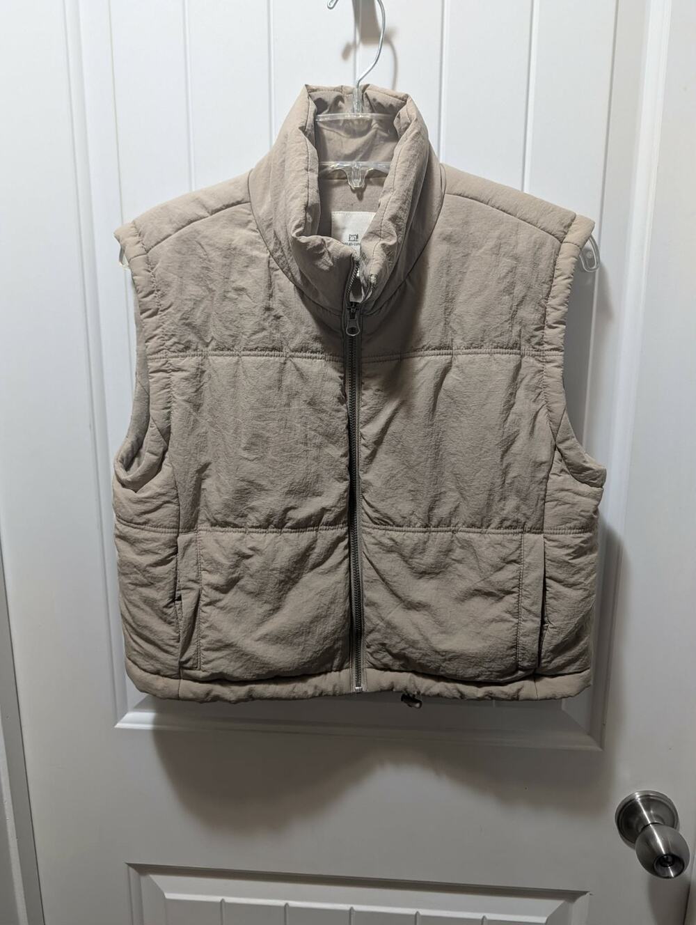 Thread & Supply Vest Womens Small Tan Quilted Puffer Zip Drawstring Waist Collar